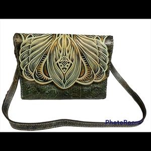 Patricia Nash Leather Burnished Tool Shoulder Bag - Santillana Handbag Green NWT